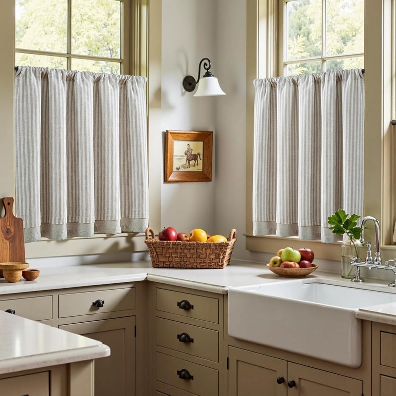 jinchan Double Layer Striped Linen Kitchen Tier Curtain Rustic Cafe for Living Room Bathroom Half Window Curtain Light Filtering Rod Pocket 1 Panel 36 Inch Taupe Grey - Image 4