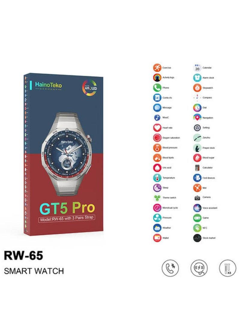 Haino Teko GT5 Pro Smartwatch RW-65 with Large Screen AMOLED Display Built-In Voice Assistant 3 Pair Premium Quality Straps and Charging Cable Designed For Men - Black - Image 2