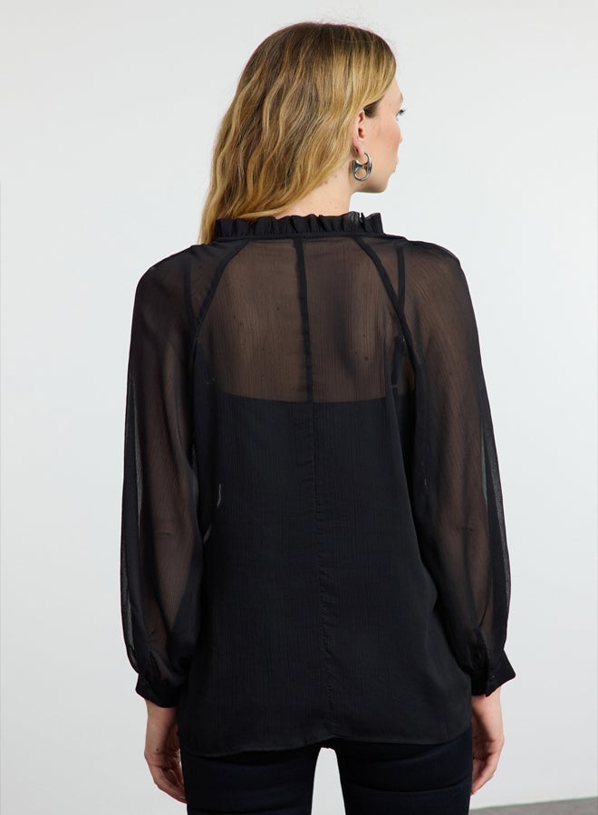 Black Transparent Fabric Undershirt Lined Boho Woven Blouse TWOAW25BZ00291