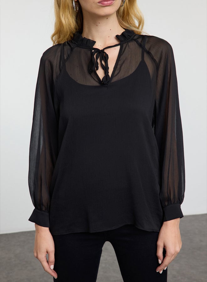 Black Transparent Fabric Undershirt Lined Boho Woven Blouse TWOAW25BZ00291