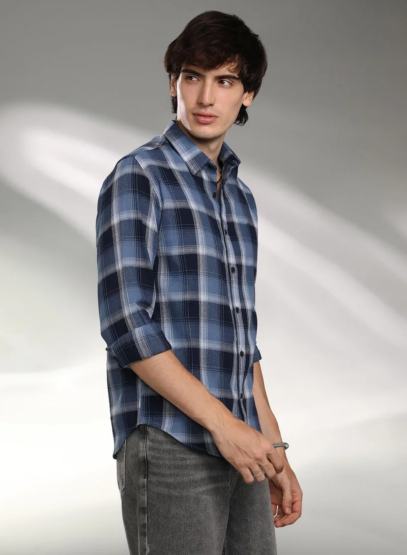 Campus Sutra Men's Cream White & Aegean Blue Tartan Plaid Shirt