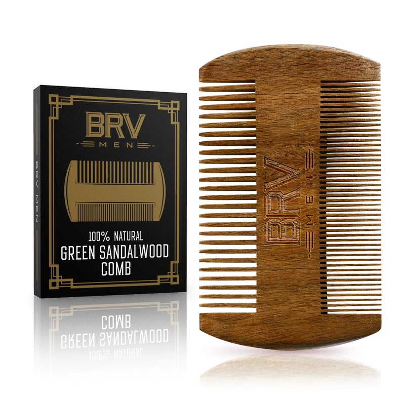 مشط لحية وشوارب BRV MEN 100% خشب الصندل الأخضر الطبيعي مع حقيبة حمل مشط لحية خشبي للرجال لجميع أنواع وأشكال الشعر