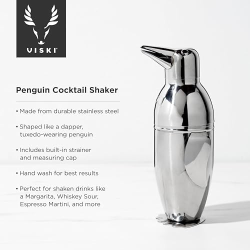 Viski Penguin Cocktail Shaker with Strainer, Stainless Steel Cobbler Shaker for Margaritas, Whiskey Sours & Other Cocktails, Bar Cart Accessories for Home Bars, Cocktail Party Essentials, 17 oz - Image 2