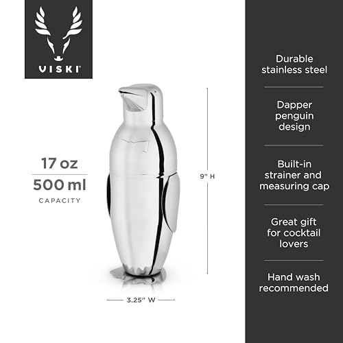 Viski Penguin Cocktail Shaker with Strainer, Stainless Steel Cobbler Shaker for Margaritas, Whiskey Sours & Other Cocktails, Bar Cart Accessories for Home Bars, Cocktail Party Essentials, 17 oz - Image 3