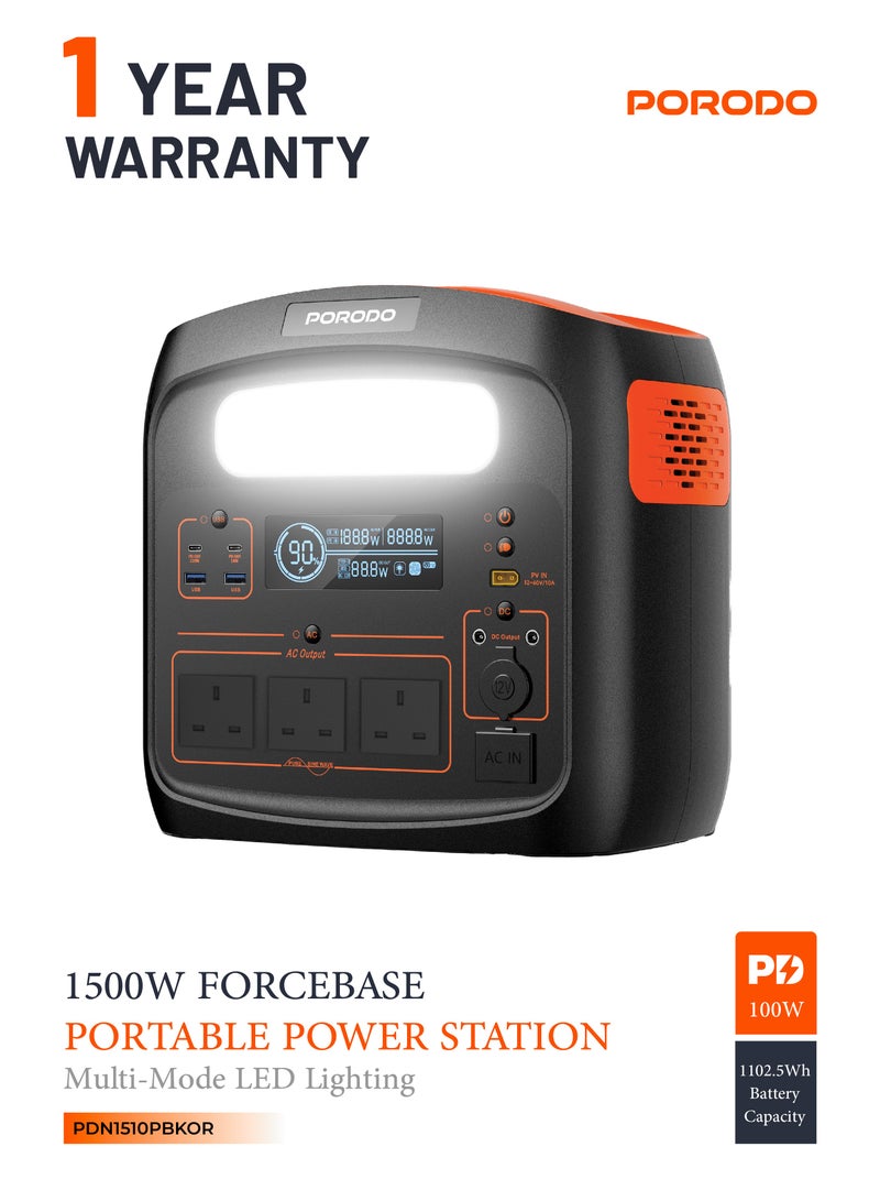 بورودو محطة طاقة محمولة Forcebase بقوة 1500 وات وسعة 1102.5 وات في الساعة مع إضاءة LED متعددة الأوضاع ومولد شحن سريع PD بقوة 100 وات / شحن بالطاقة الشمسية / مدخل طاقة شمسية فعال / شحن سريع لمدة 1.3 ساعة / منافذ إخراج متعددة / منفذ 3 تيار متردد / طاقة احتياطية فورية - أسود/برتقالي - Image 1