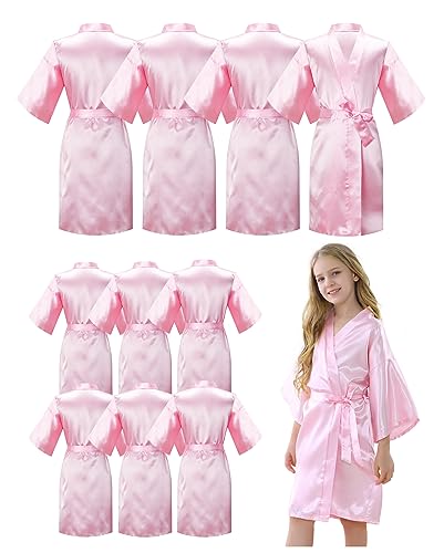 MORFORU 10pcs Girls Kids Solid Color Silky Satin Kimono Robe set for Wedding Spa Birthday PartyPink8
