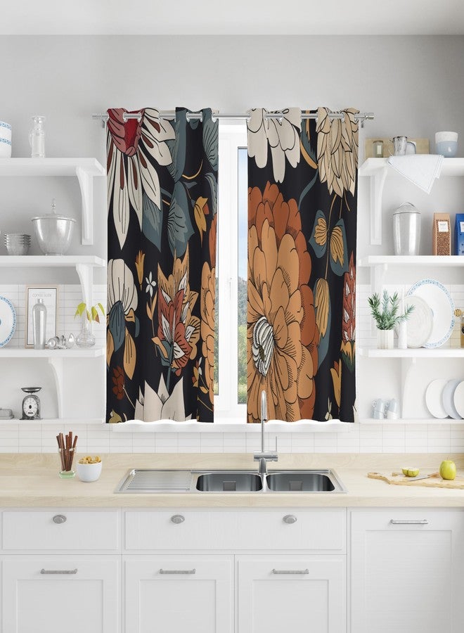 Tyrot Black Boho Floral 100% Blackout Curtains 45 Inch Long 2 Panels Mid Century Modern Botanical Grommet Thermal Insulated Room Darkening Black out Window Drapes for Kitchen, 52Wx45L - Image 2