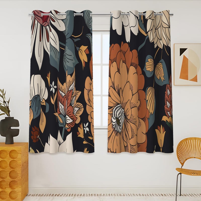 Tyrot Black Boho Floral 100% Blackout Curtains 45 Inch Long 2 Panels Mid Century Modern Botanical Grommet Thermal Insulated Room Darkening Black out Window Drapes for Kitchen, 52Wx45L - Image 1