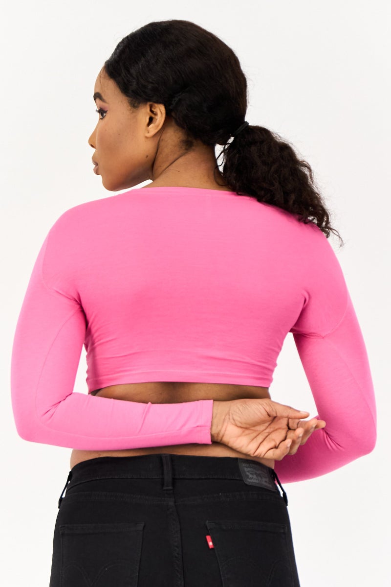 ONLY Women Crew Neck Long Sleeve Solid Crop Top, Pink - Image 4