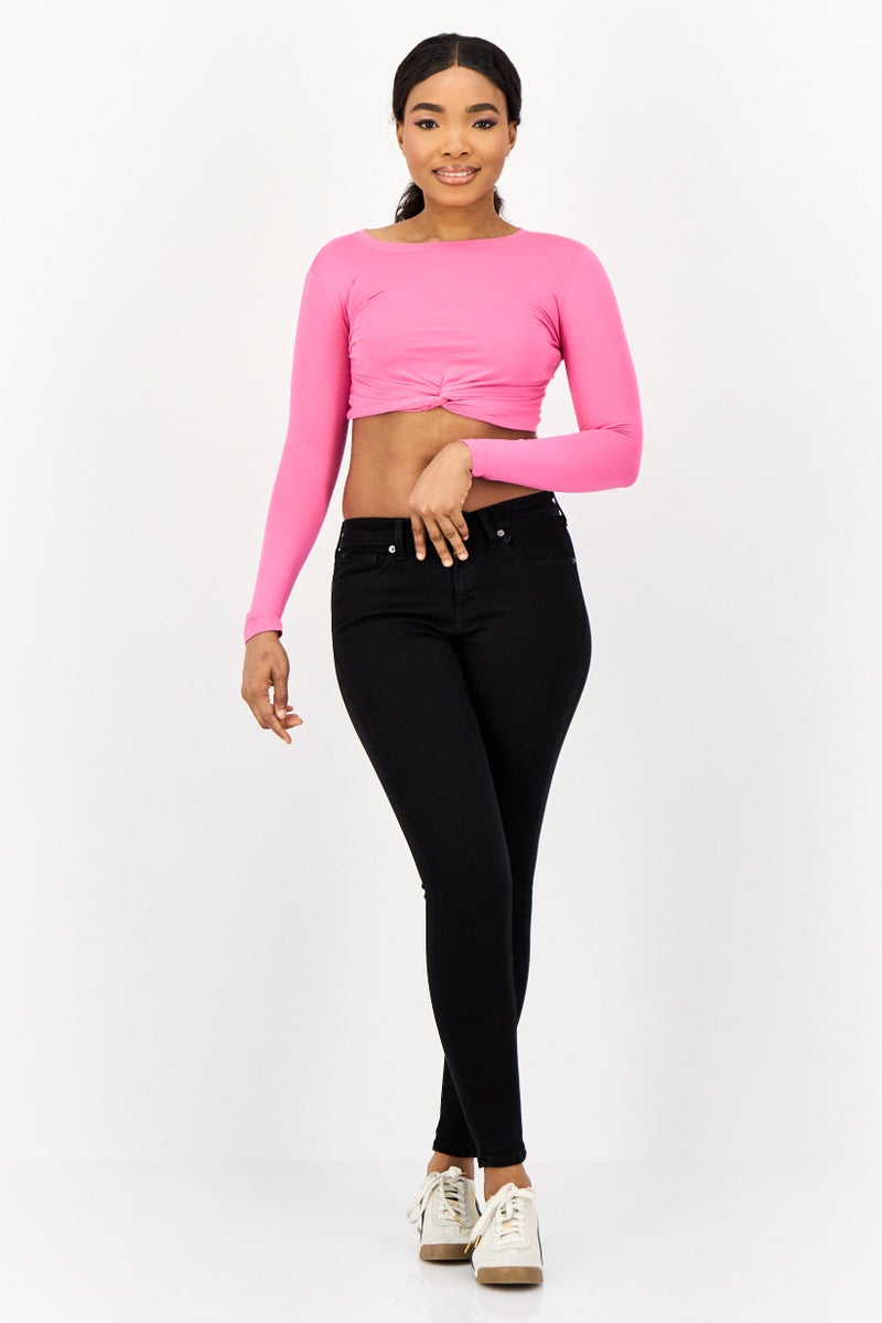 ONLY Women Crew Neck Long Sleeve Solid Crop Top, Pink - Image 3