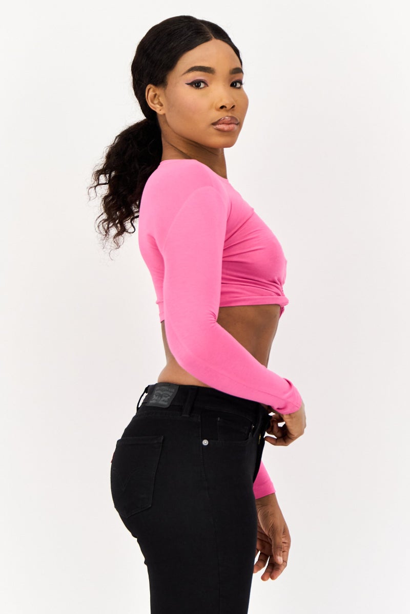 ONLY Women Crew Neck Long Sleeve Solid Crop Top, Pink - Image 2
