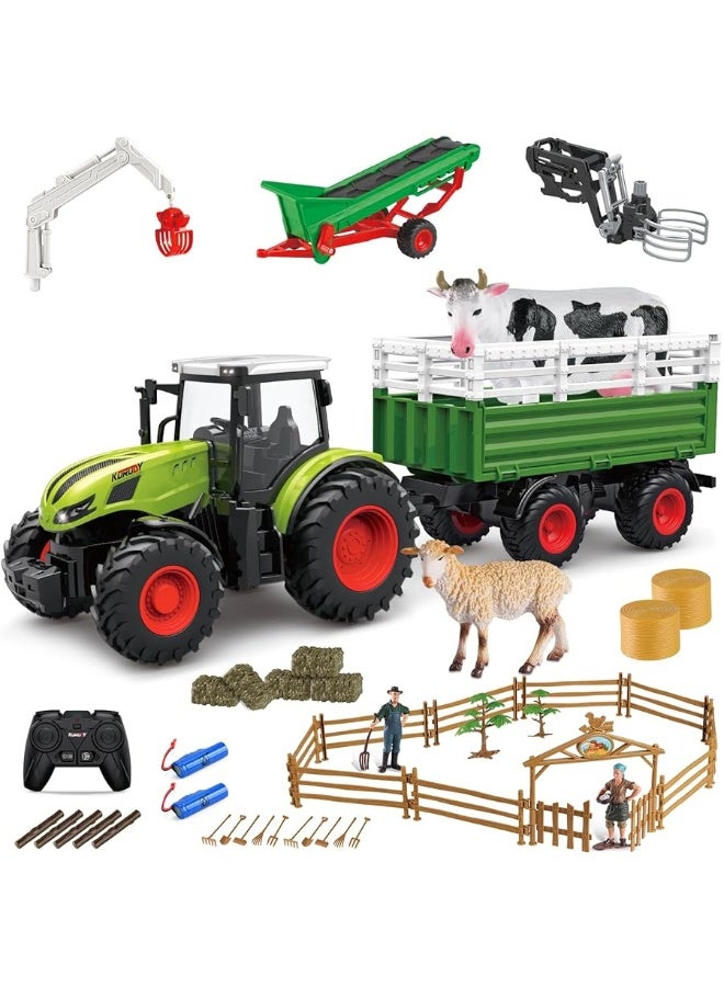 fisca Kids Tractor Toy Farm Playset Remote Control Tractor, 2.4Ghz RC Tractor with Trailer and Conveyor, 45PCS Farm Toys Set with Farm Animals Figurines Fences Farmers for Kids Age 3 4 5 6 Years Old - Image 2