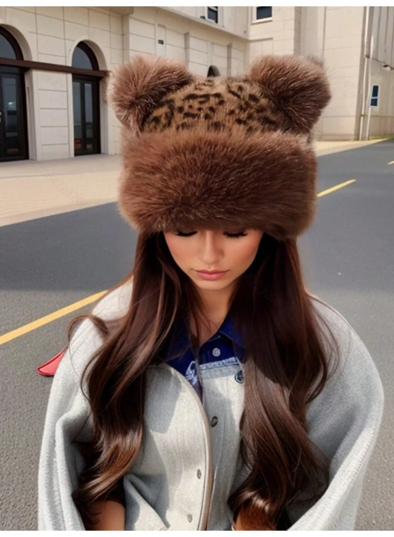 Women’s Winter Hat Made of Ultra-Soft Faux Fur with Cute Ear Design and Leopard-Inspired Pattern, Providing Excellent Warmth in Cold Weather - Image 1
