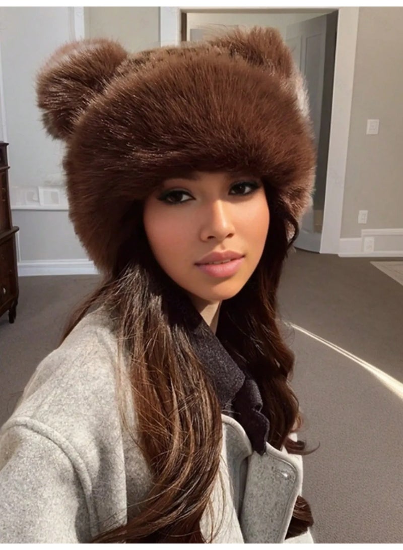 Women’s Winter Hat Made of Ultra-Soft Faux Fur with Cute Ear Design and Leopard-Inspired Pattern, Providing Excellent Warmth in Cold Weather - Image 2