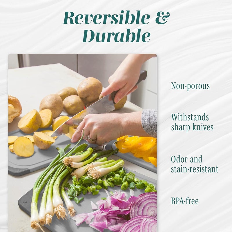 HOMWE Cutting Boards for Kitchen - Chopping Board 3-Pack w/Different Sizes and Non Slip Handles - Reversible, Large Cutting Board Set - Unique Gifts for Cooks Who Have Everything - Gray on Gray - Image 4