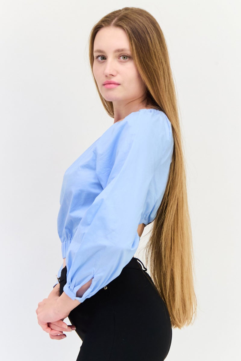 ONLY بلوزة نسائية بأكمام طويلة وياقة دائرية، لون أزرق باهت - Image 4