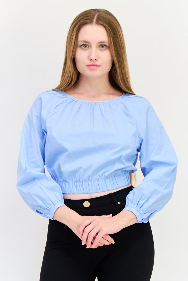 ONLY بلوزة نسائية بأكمام طويلة وياقة دائرية، لون أزرق باهت - Image 1