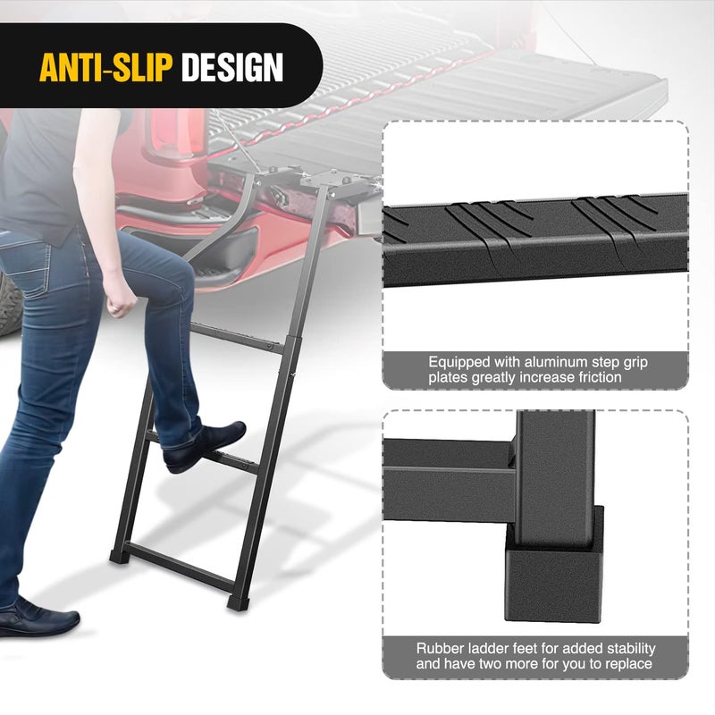 Nilight Foldable Truck Tailgate Ladder for Pickup with Aluminum Step Grip Plates, Replaceable Rubber Feet & Stainless Steel Self Drilling Hex Screws for Easy Installation - Image 5
