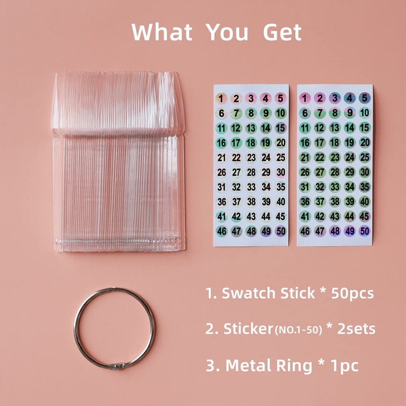 VUOJUR 50pcs Nail Swatch Sticks with Number Stickers Nail Color Display Stiletto Tips Clear Nail Sample Sticks with Ring Practice Nail Tips Nail Supplies for Nail Techs Professional Nail Salon - Image 2