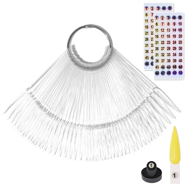 VUOJUR 50pcs Nail Swatch Sticks with Number Stickers Nail Color Display Stiletto Tips Clear Nail Sample Sticks with Ring Practice Nail Tips Nail Supplies for Nail Techs Professional Nail Salon - Image 1