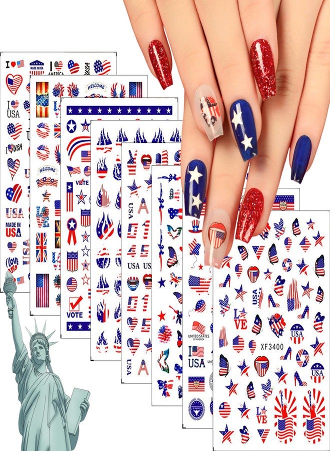8 Sheets 4th of July Nail Art Stickers Decals Red White Blue Designs USA Independence Day Patriotic Nail Stickers 3D Self-Adhesive American Flag Flame Heart Star Nail Decals Supplies for Women - Image 1