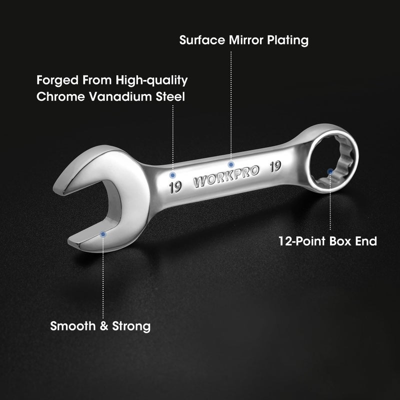 WORKPRO 12-piece Stubby Wrench Set, Metric 8-19mm, Cr-V Steel, Small Combination Wrenches Set with Premium Storage Case - Image 5