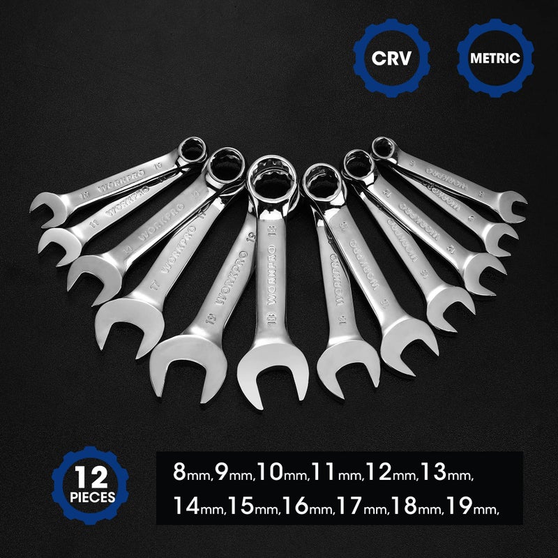 WORKPRO 12-piece Stubby Wrench Set, Metric 8-19mm, Cr-V Steel, Small Combination Wrenches Set with Premium Storage Case - Image 2