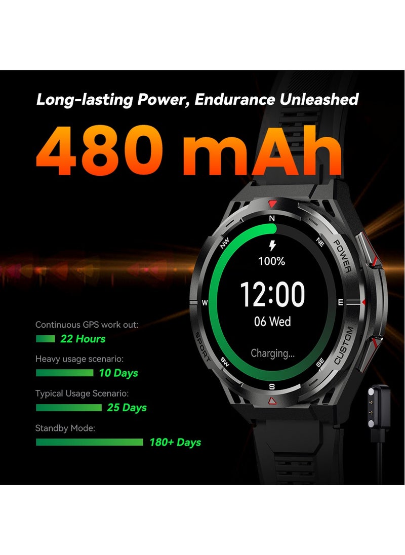 Rugged Smart Watch for Men 1.43" AMOLED Screen 13.2mm thickness Round Dial 100+ Sports Mode/Health Fitness Activity Tracker Waterproof Bluetooth Calling AI Voice Android/iOS Compatible 480mAh Battery-Black
