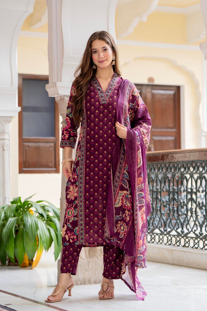 MEERA FAB Women's Cotton Blend Straight Printed Kurta with Palazzo & Dupatta - Image 4