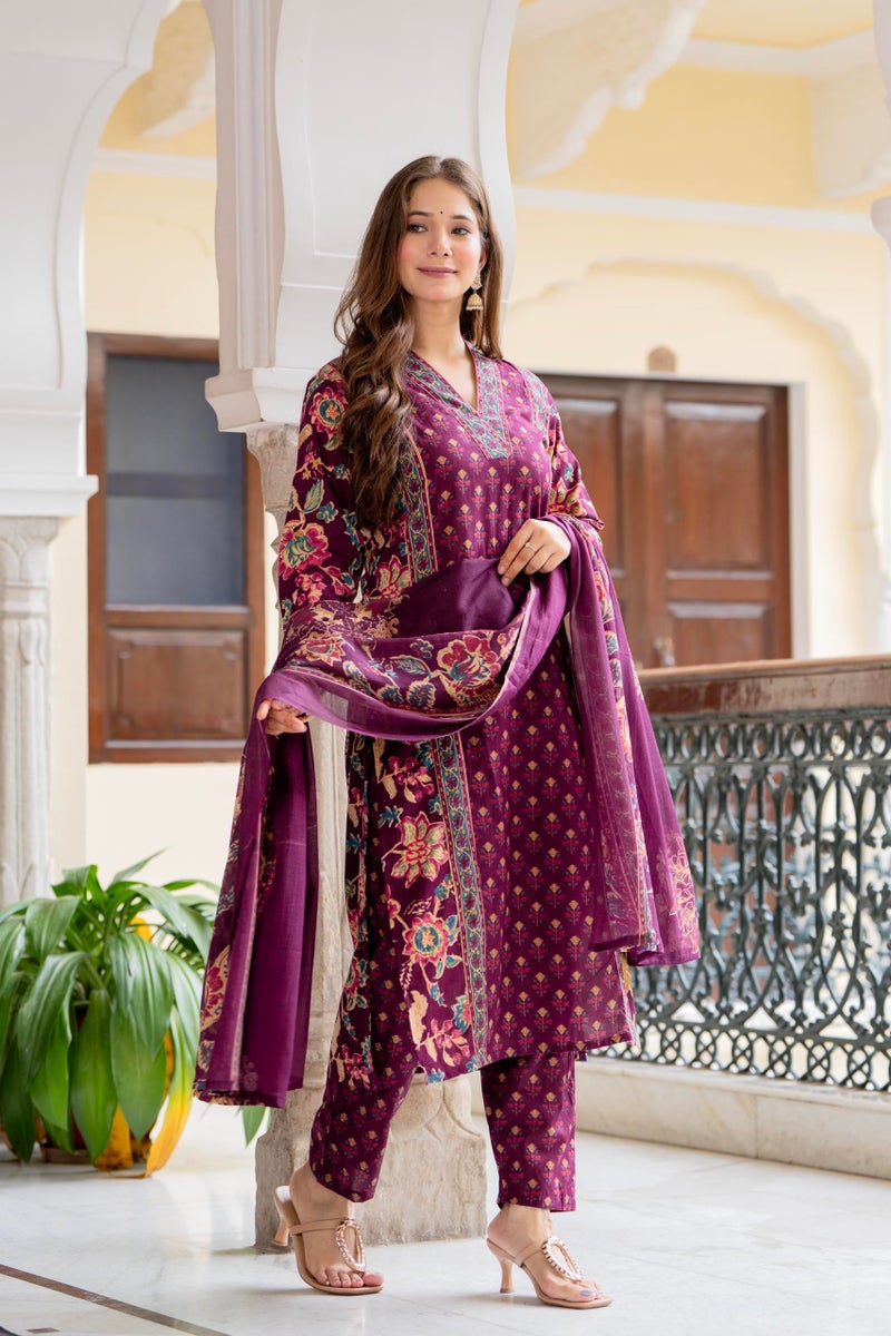MEERA FAB Women's Cotton Blend Straight Printed Kurta with Palazzo & Dupatta - Image 3