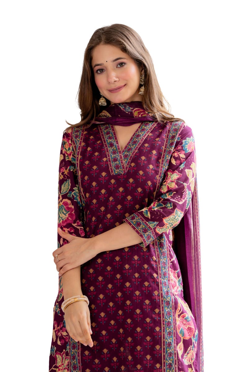 MEERA FAB Women's Cotton Blend Straight Printed Kurta with Palazzo & Dupatta - Image 1