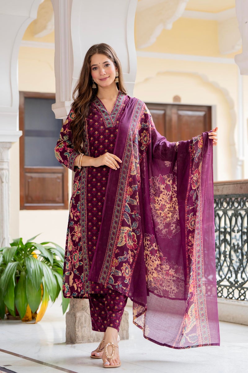 MEERA FAB Women's Cotton Blend Straight Printed Kurta with Palazzo & Dupatta - Image 2