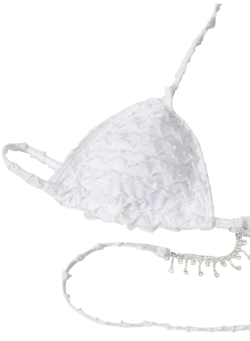 Women's White Ruffled Bikini Set, Rhinestone-Embellished Halter Triangle Top & Tie-Side Bottoms - Image 3