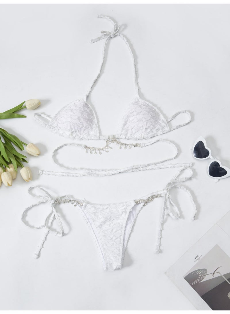 Women's White Ruffled Bikini Set, Rhinestone-Embellished Halter Triangle Top & Tie-Side Bottoms - Image 2