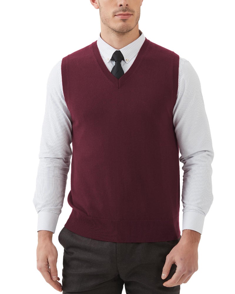 Kallspin Men's Wool Blended Vest Sweater Relaxed Fit V Neck Sleeveless Knitted Pullover (Burgundy, Large) - Image 1