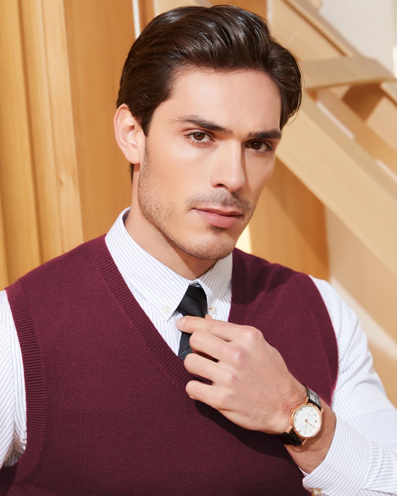 Kallspin Men's Wool Blended Vest Sweater Relaxed Fit V Neck Sleeveless Knitted Pullover (Burgundy, Large) - Image 4
