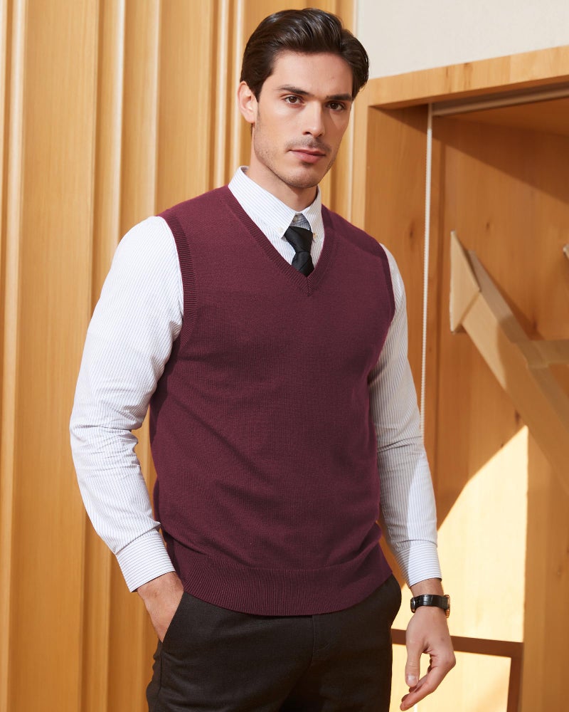 Kallspin Men's Wool Blended Vest Sweater Relaxed Fit V Neck Sleeveless Knitted Pullover (Burgundy, Large) - Image 2