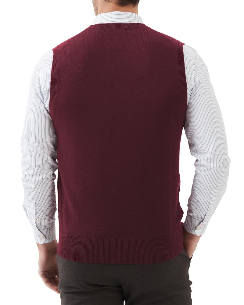 Kallspin Men's Wool Blended Vest Sweater Relaxed Fit V Neck Sleeveless Knitted Pullover (Burgundy, Large) - Image 3