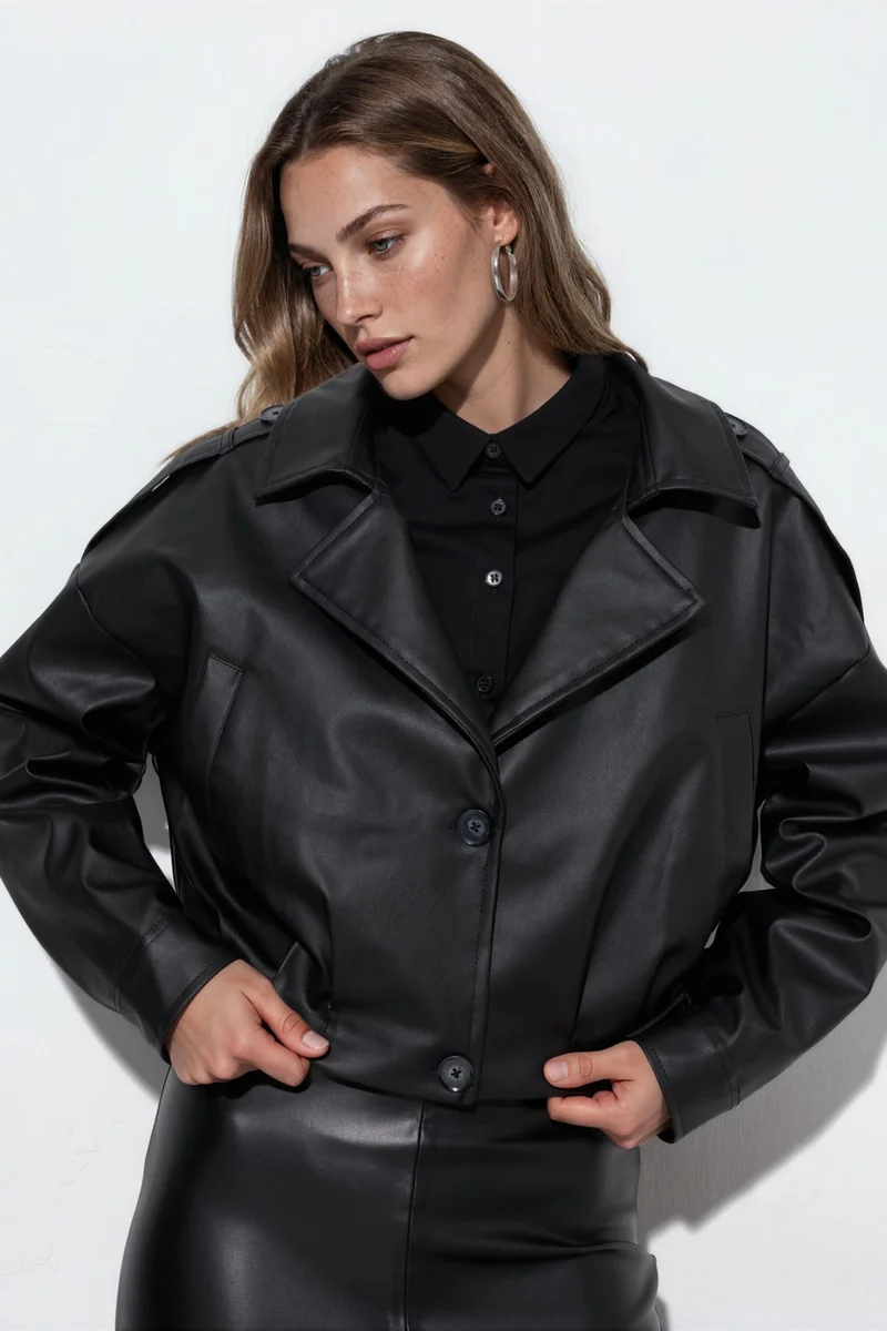 Hiccup Short Faux Leather Jacket with Pockets