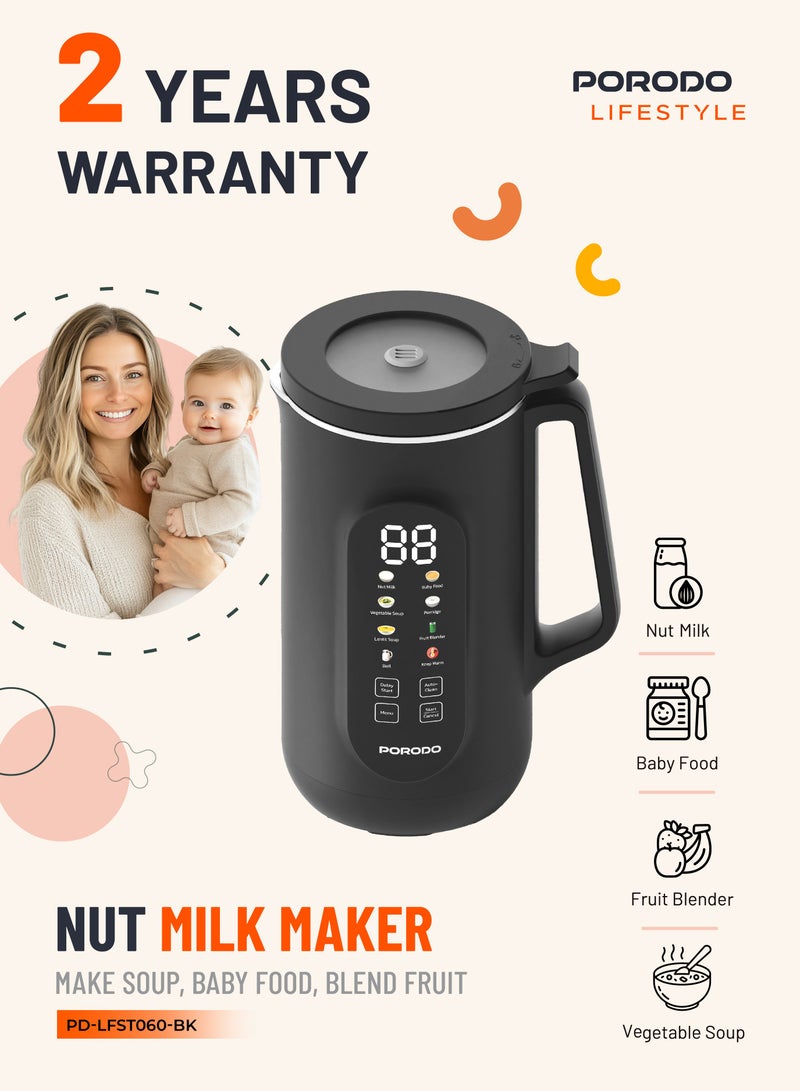 porodo Nut Milk Maker 1L 800W with Dual-Mode Blending Hot and Cold / Advanced Thermal Jar / Make Soup / Baby Food / Blend Fruit / Auto-Clean / Fruit Blender / Keep Warm / High and Low Temperatures - Black - Image 1