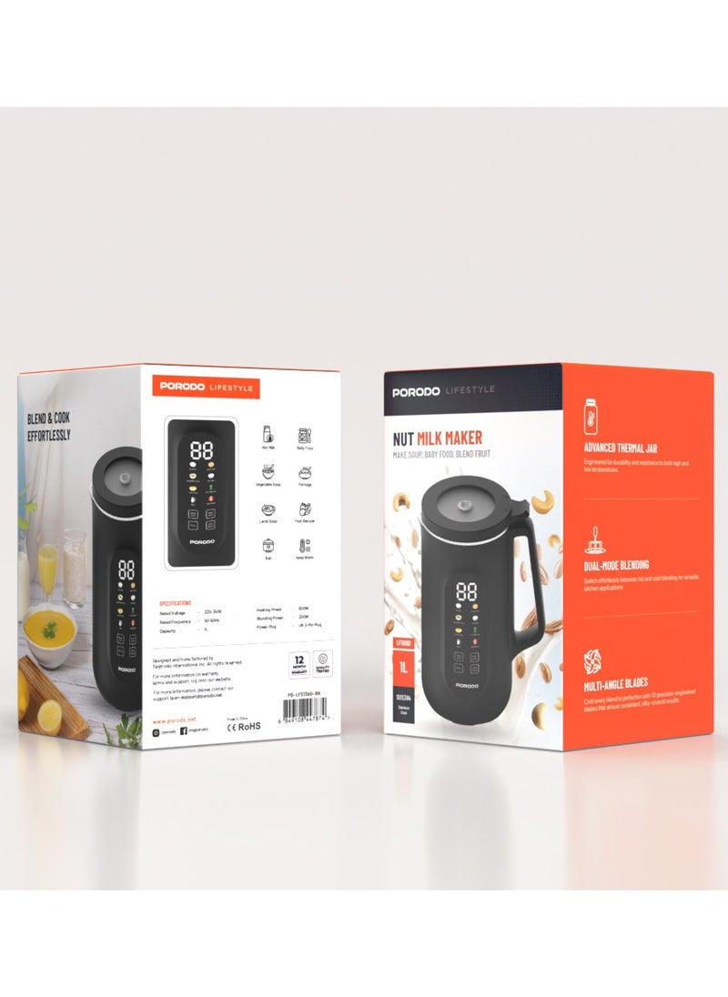 porodo Nut Milk Maker 1L 200W with Dual-Mode Blending Hot and Cold / Advanced Thermal Jar / Make Soup / Baby Food / Blend Fruit / Auto-Clean / Fruit Blender / Keep Warm / High and Low Temperatures - Black  - Image 3