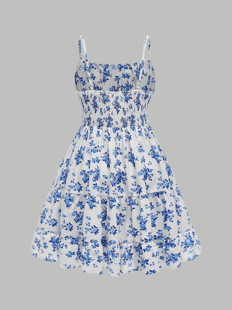 Floerns Girl's Floral Print Sleeveless Ruched Ruffle Hem A Line Cami Short Dress Blue and White 9Y - Image 3