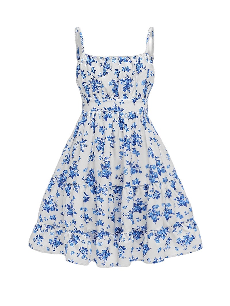 Floerns Girl's Floral Print Sleeveless Ruched Ruffle Hem A Line Cami Short Dress Blue and White 9Y - Image 1