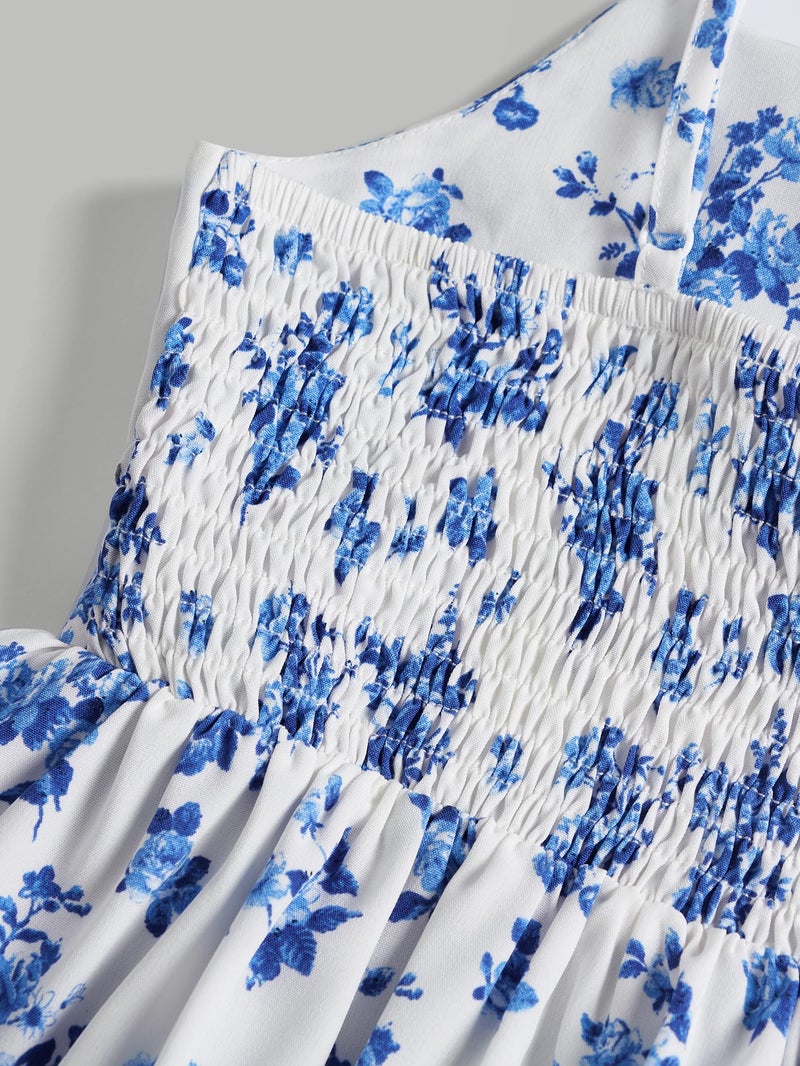 Floerns Girl's Floral Print Sleeveless Ruched Ruffle Hem A Line Cami Short Dress Blue and White 9Y - Image 2