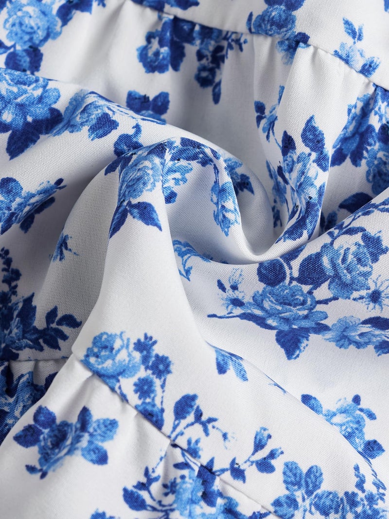 Floerns Girl's Floral Print Sleeveless Ruched Ruffle Hem A Line Cami Short Dress Blue and White 9Y - Image 4