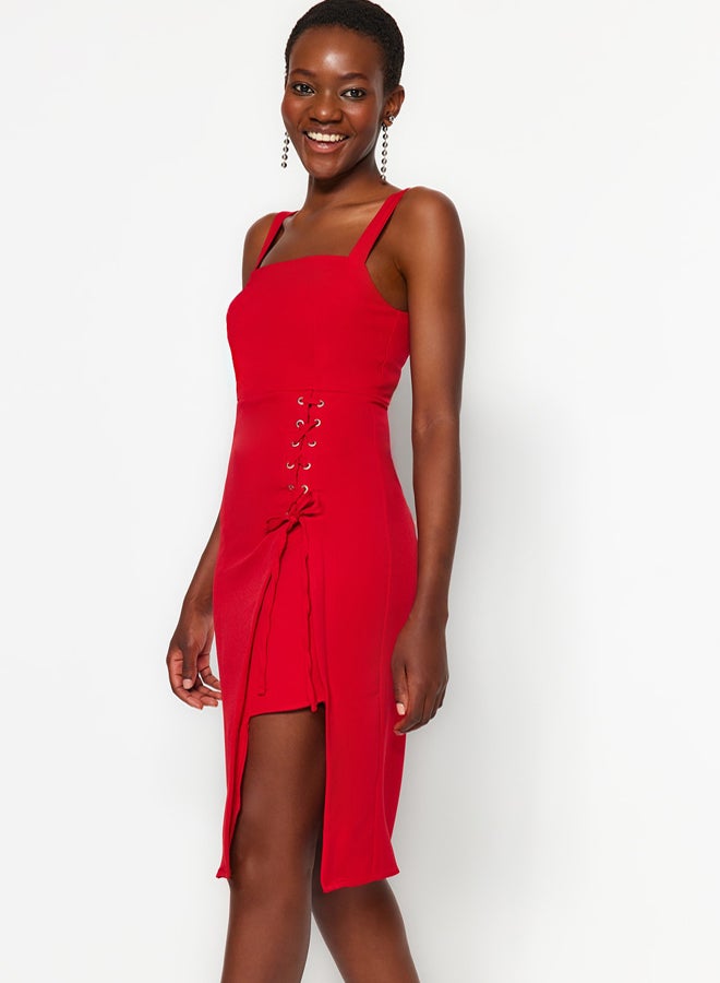 trendyol Red Body-hugging Eyelet Detailed Slit Square Neck Midi Pencil Skirt Woven Dress - Image 2