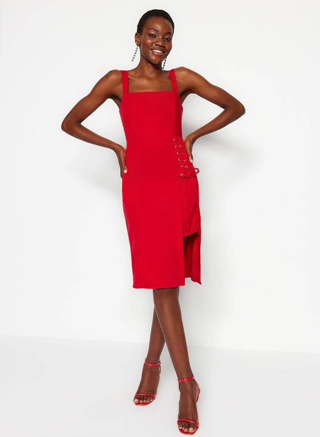 trendyol Red Body-hugging Eyelet Detailed Slit Square Neck Midi Pencil Skirt Woven Dress - Image 1