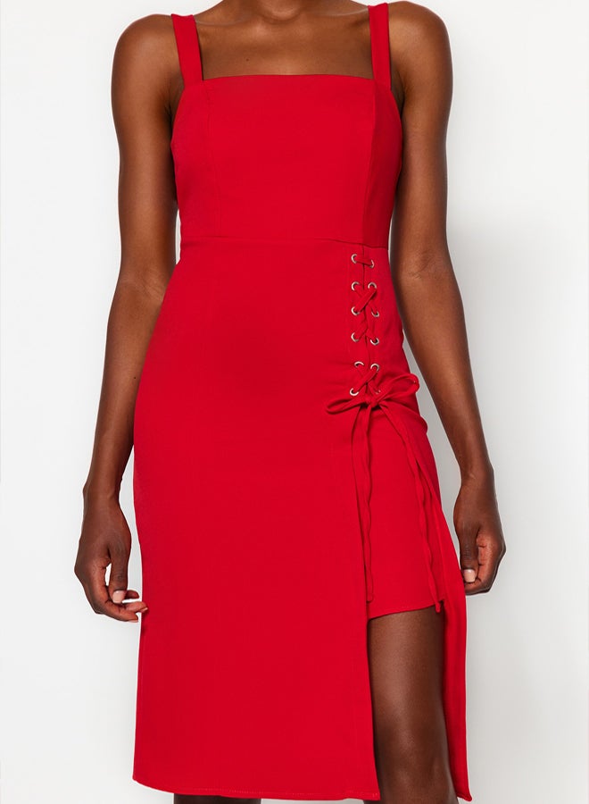 trendyol Red Body-hugging Eyelet Detailed Slit Square Neck Midi Pencil Skirt Woven Dress - Image 5