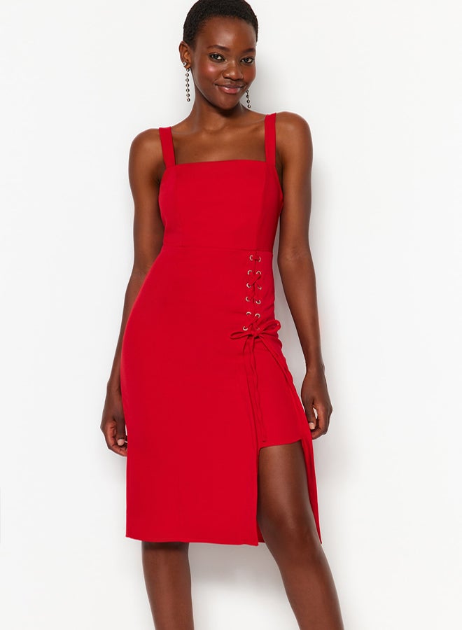 trendyol Red Body-hugging Eyelet Detailed Slit Square Neck Midi Pencil Skirt Woven Dress - Image 3