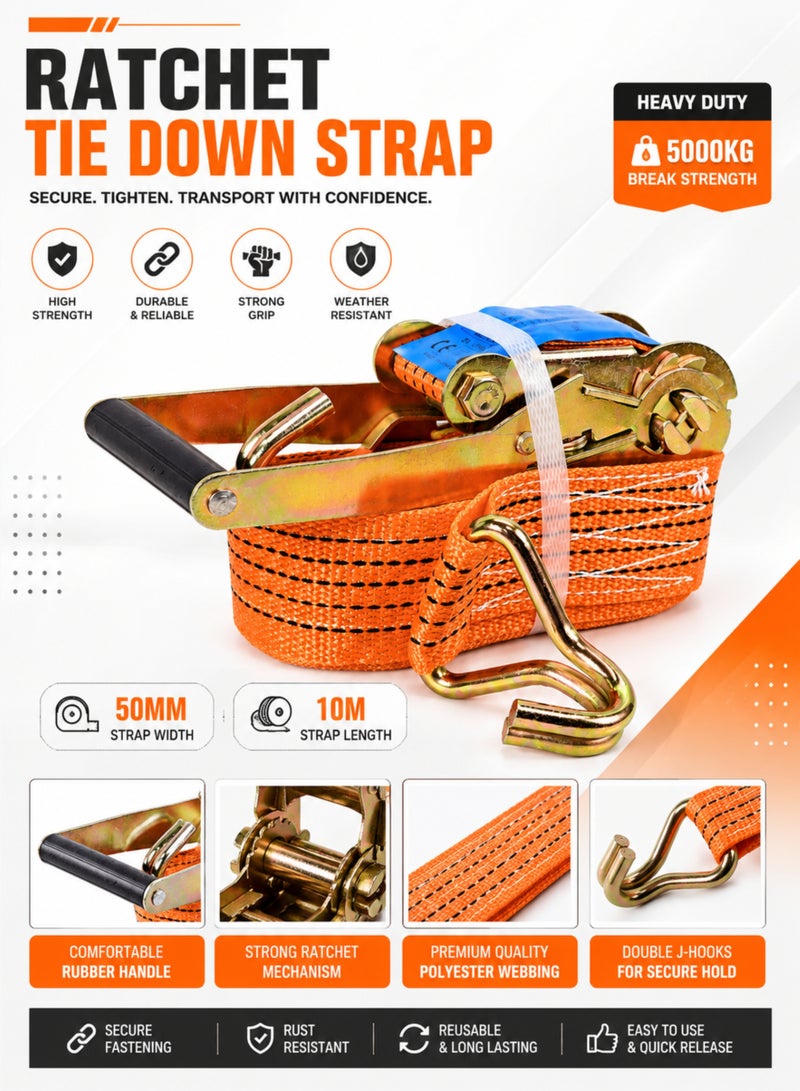 Heavy Duty Ratchet Tie Down Strap 4 Ton x 10 Meter | Cargo Lashing Strap with Double J Hooks | High Strength Polyester Ratchet Strap for Truck, Trailer, Pickup, Motorcycle, ATV, Boat & Cargo Securing - Image 1